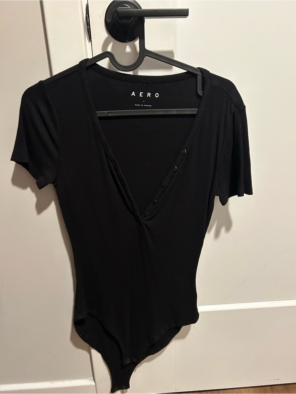 AERO Black Ribbed V-Neck Button-Front Short Sleeve Bodysuit